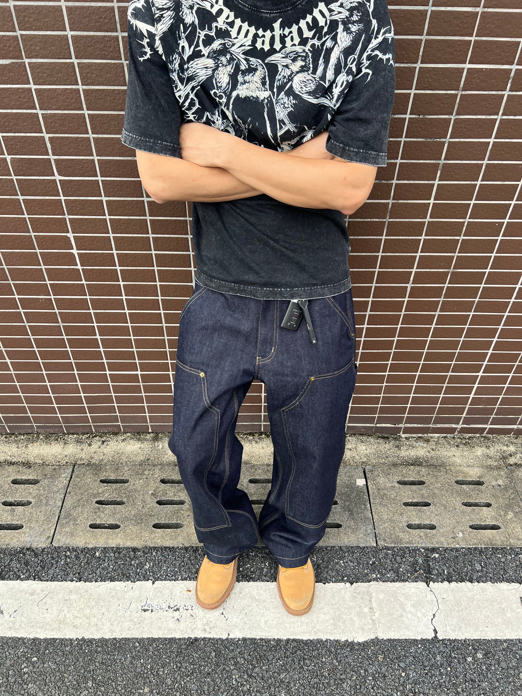 Frofooo Men's Blue Draped Knee Jeans, American Street Style, Straight Leg Casual Fit