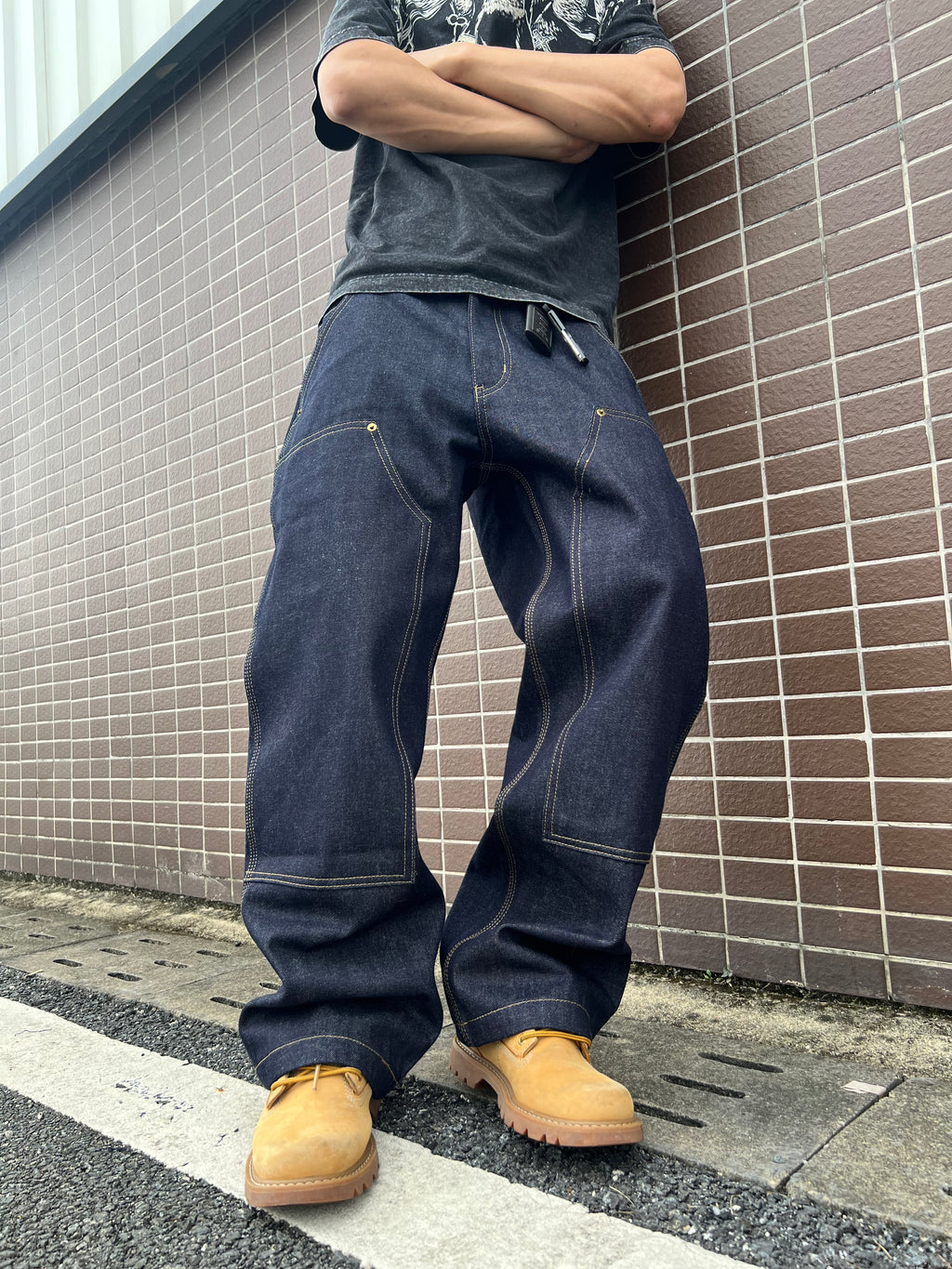 Frofooo Men's Blue Draped Knee Jeans, American Street Style, Straight Leg Casual Fit