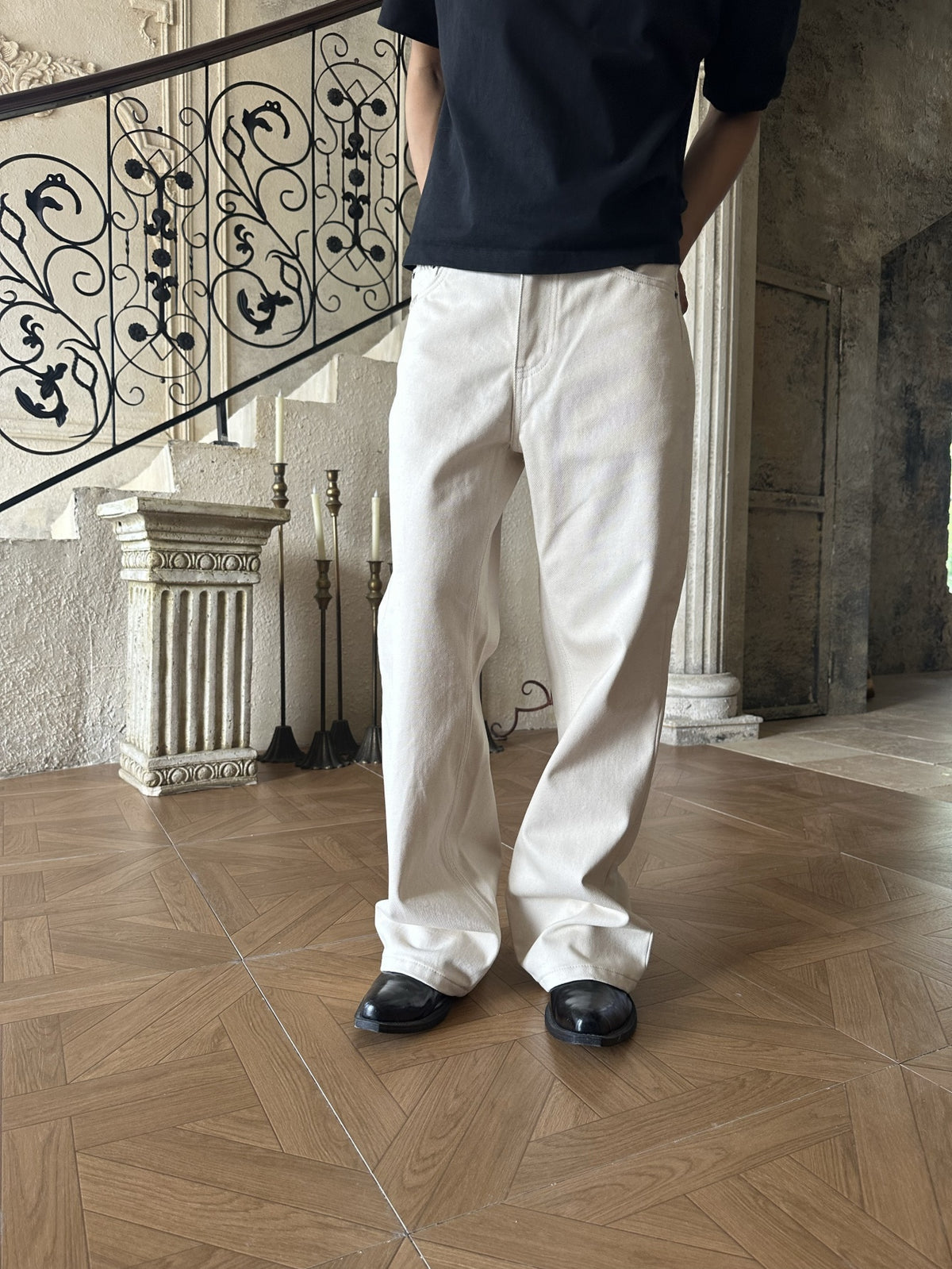 Frofooo Men's Off-White Jeans, Casual Street Style Jeans, Pure Cotton Cargo Flare Jeans, Slim Fit
